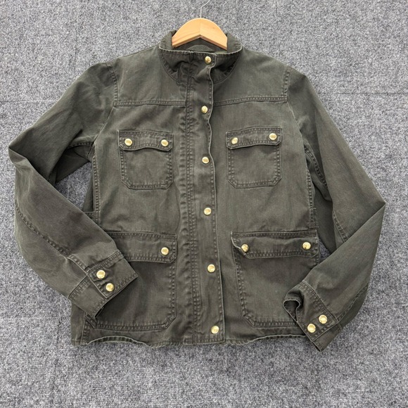 J Crew Jacket Womens‎ L Resin Coated Canvas Downtown Field Jacket Twill Green - Picture 1 of 11